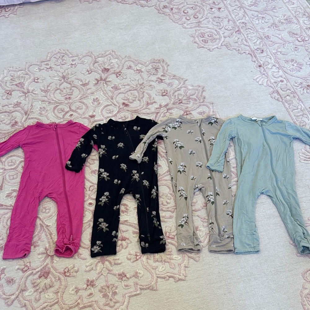 Kyte BABY Kids Footies Set - Pink, Black magnolia, tan magnolia, sage